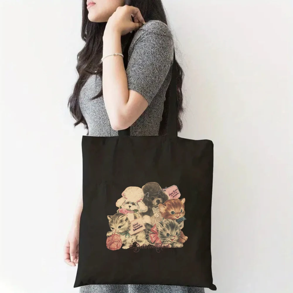 

Pet Lover Cat & Dog Print Canvas Tote Bag, Reusable Casual Shoulder Bag for Daily Use