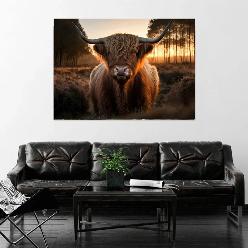 Vintage Scottish Highland Cow Animal Landscape Poster Print Canvas Painting Wall Art Picture Living Room Home Bedroom Decor