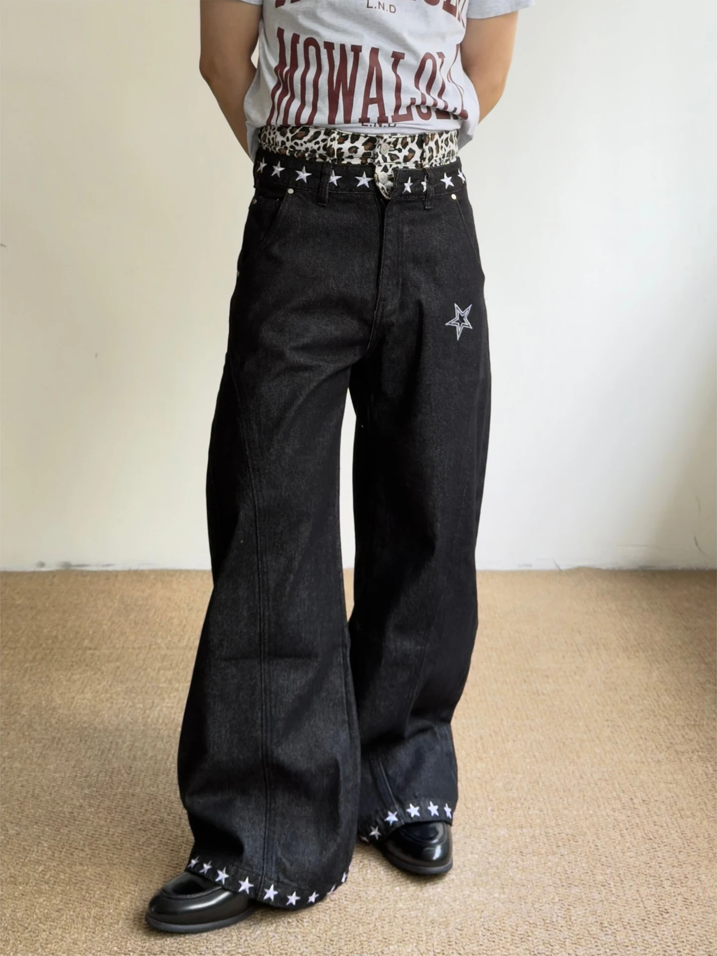 Calça Jeans Unissex Casual de Algodão com Estampa de Leopardo Retrô Americana, Patchwork, Cintura Dupla e Barra Larga Solta