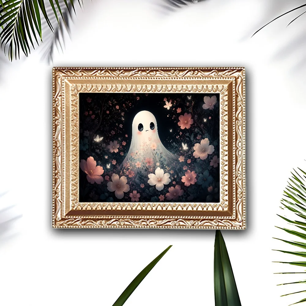 Vintage Frame Floral Ghost 2D Flat Acrylic Fridge Magnet, Cute Flower Ghost Refrigerator Decor Magnet for Halloween Home Kitchen