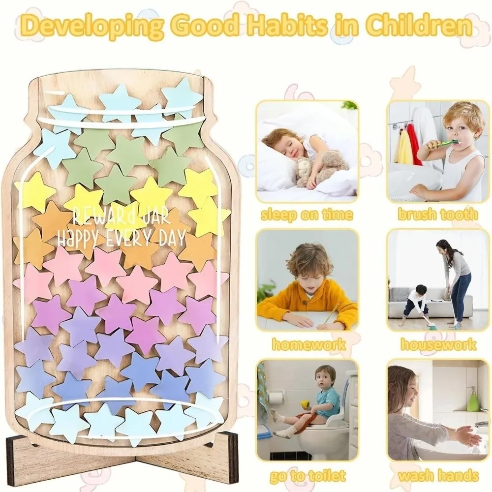 Interactive Star Reward Jars with 45 Stars Star Flower Shape Freestanding Self-discipline Reward Bottle Reward System