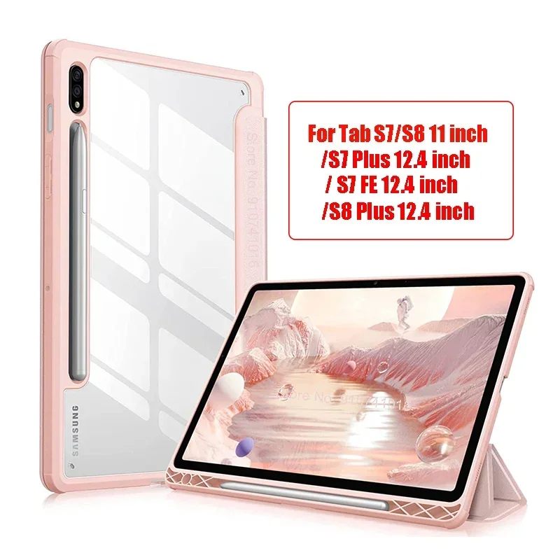 Dla Samsung Galaxy Tab S9 S8 S7 Plus FE 12.4 cal etui przezroczyste etui na Tablet Tab 9 S7 S8 11 "2023 etui z uchwytem na ołówek