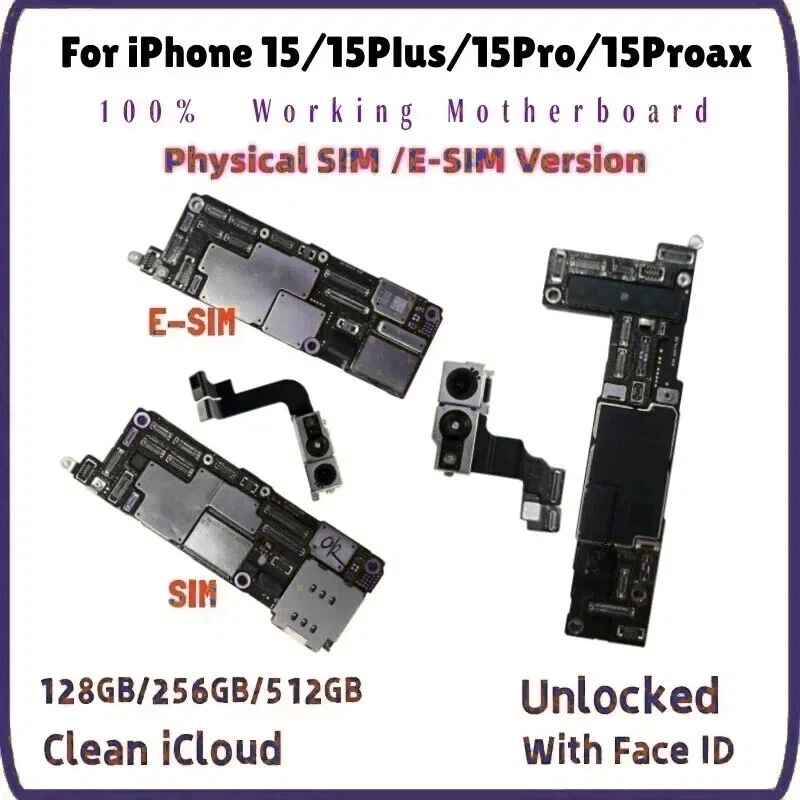 Unlocked For iPhone 15 Pro Max Motherboard 15 Plus With Face ID Clean iCloud Logic Board Unmodified Mainboard Replacement Tested