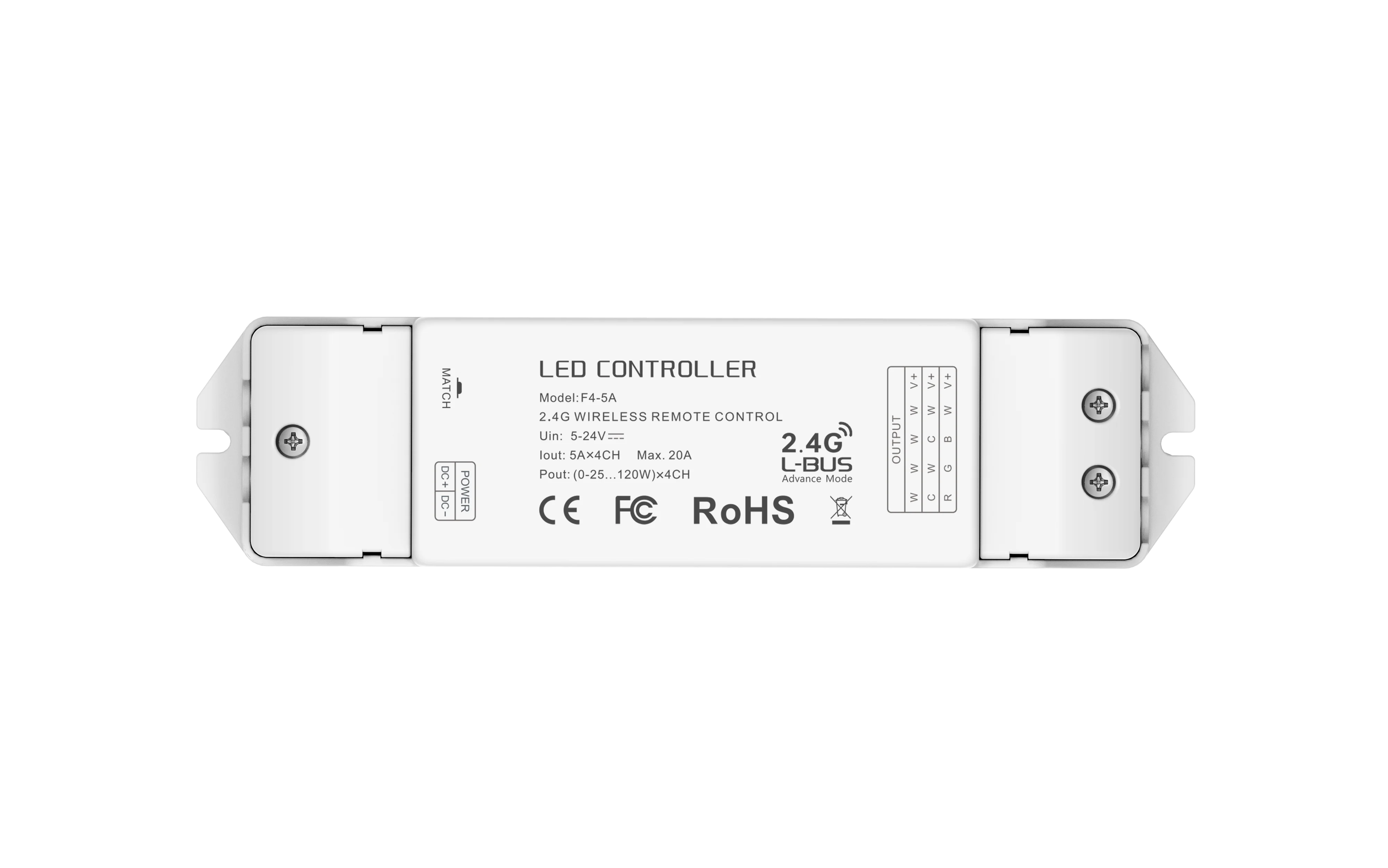 RF 2.4GHz LED Power Supply, Constant Voltage 5A Wireless Receiver, 4-Channel, 5-24 Vdc, Multiple Control Methods