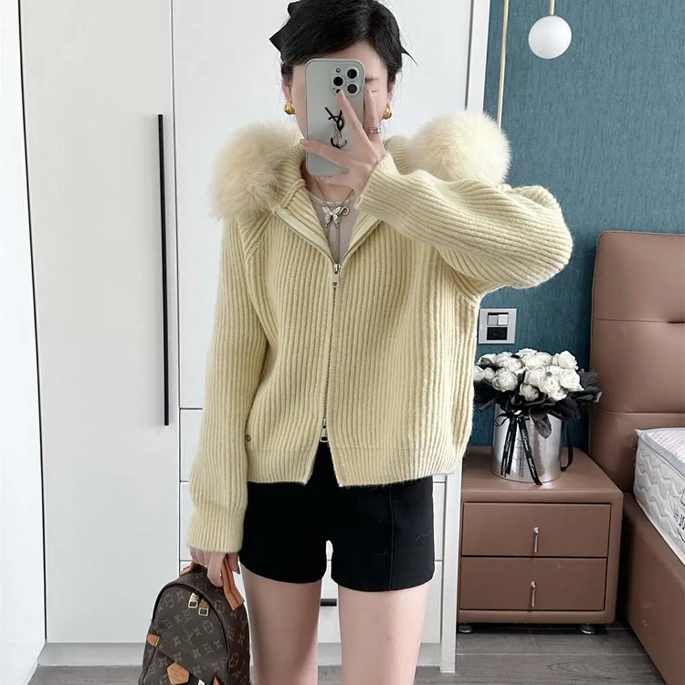 2025 المرأة ريال فوكس الفراء طوق معطف سترة فضفاضة مقنعين الثعلب الفراء الديكور سترة ملابس خارجية معاطف الإناث