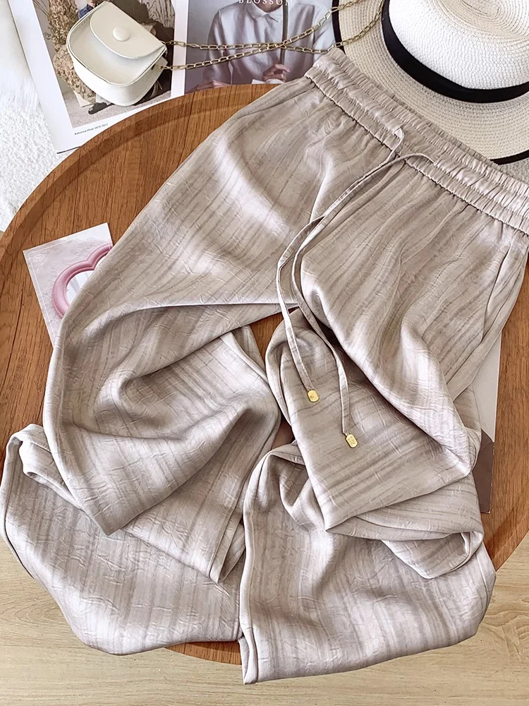 ハイウエストシルクシフォンストライプワイドレッグパンツ女性のカジュアルストレートシルクサテンルーズフィットフロアレングスパンツ夏