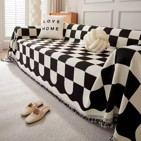 Black White Grid Sofa Cover, Sofa Blanket, Full Cover, Universal Couch Towel, With Tassels Home Decor, Living Room Decor