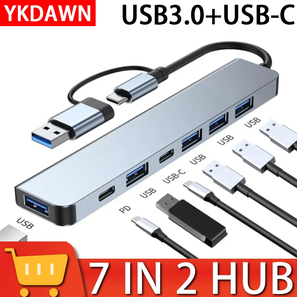 

USB-разветвитель YKDAWN 7in2 на 7 портов, USB 3,0, Type-c