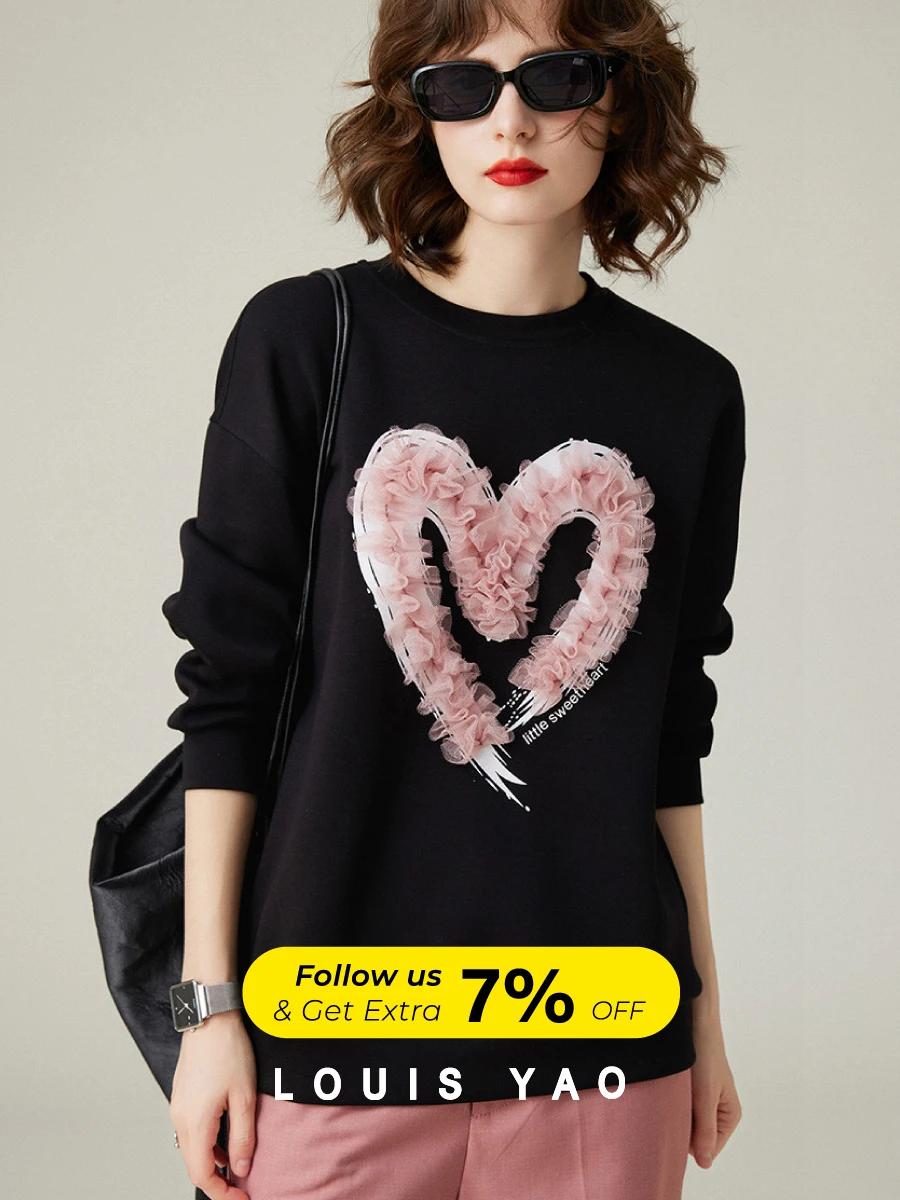 

LOUIS YAO Women Romantic Pleated Mesh Heart sweatshirt 2023 Autumn Stylish and Airy Round-neck Loose Women's Top