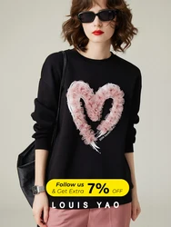 LOUIS YAO Women Romantic Pleated Mesh Heart sweatshirt 2023 Autumn Stylish and Airy Round-neck Loose Women's Top