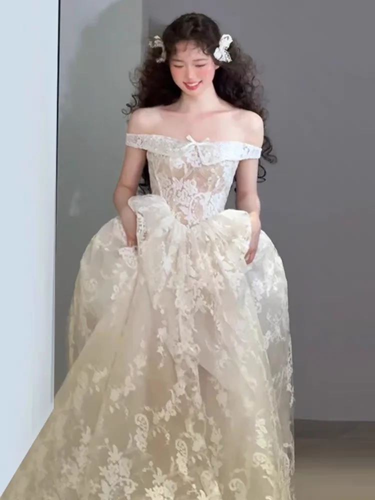 

Легкое кружевное свадебное платье на одно плечо в винтажном лесном стиле, для помолвки, с длинной юбкой А-силуэта, короткий рукав