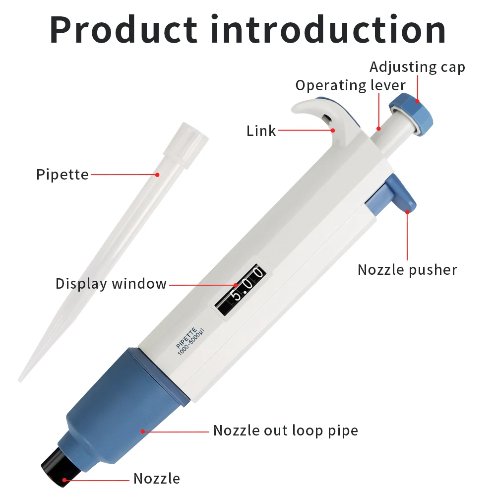 Pipette Einkanal-Pipette, verstellbare Mikropipette für Pipettierspitzen, Ausrüstung, Laborwerkzeug, 0,1–2,5 UL / 1000–5000 UL