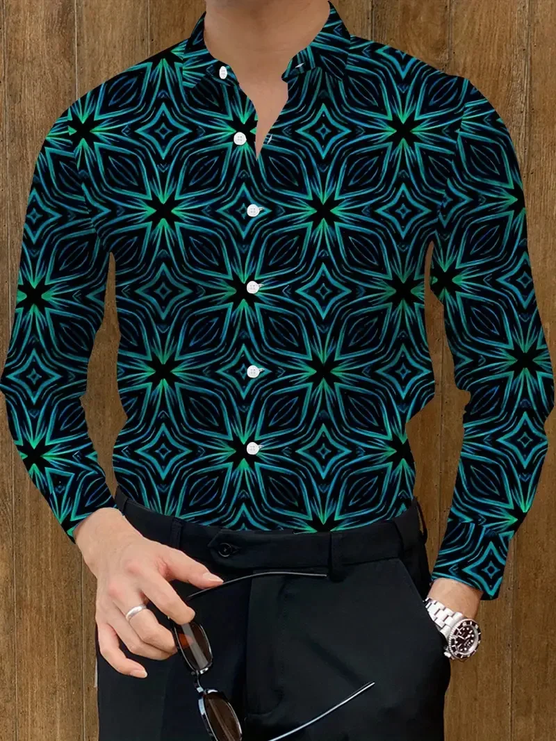 New Men's Dark, Light Luxury Shirt Long Sleeve 3D Striped Printed Floral Gentleman Clothing Single Row Business Casual Brand New