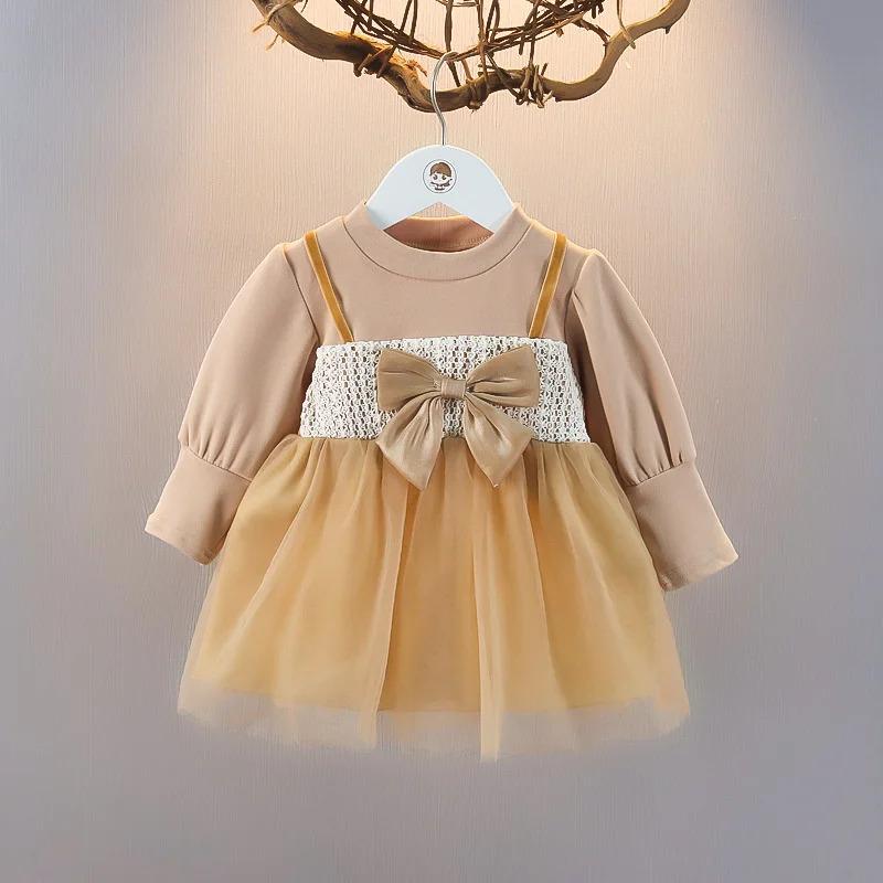 Toddler Baby Dresses For Girls Cotton Long Sleeve Mesh Bow Lace Girls Dress Fashion Princess Clothes For Kids Spring Autumn New