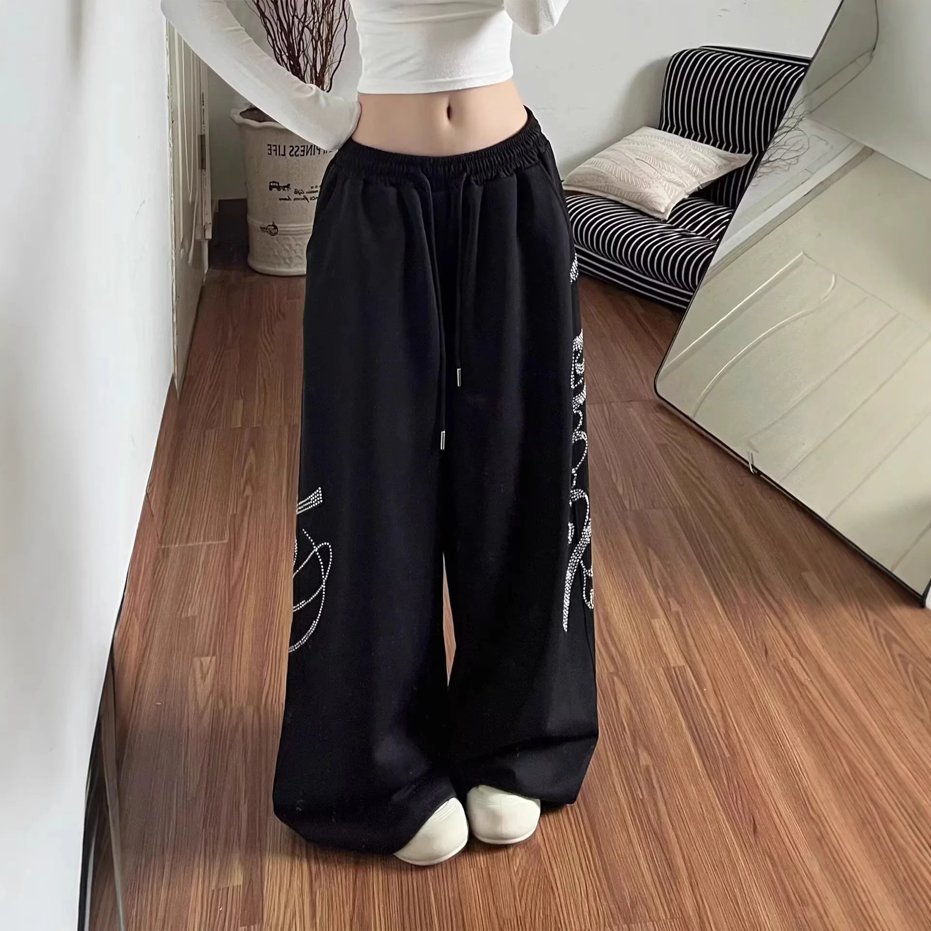 2026 Summer Women Black Gothic Baggy Y2k Letter Pants Korean Fashion Vintage Oversize Hip-pop Sweatpants Wide Leg Trouser