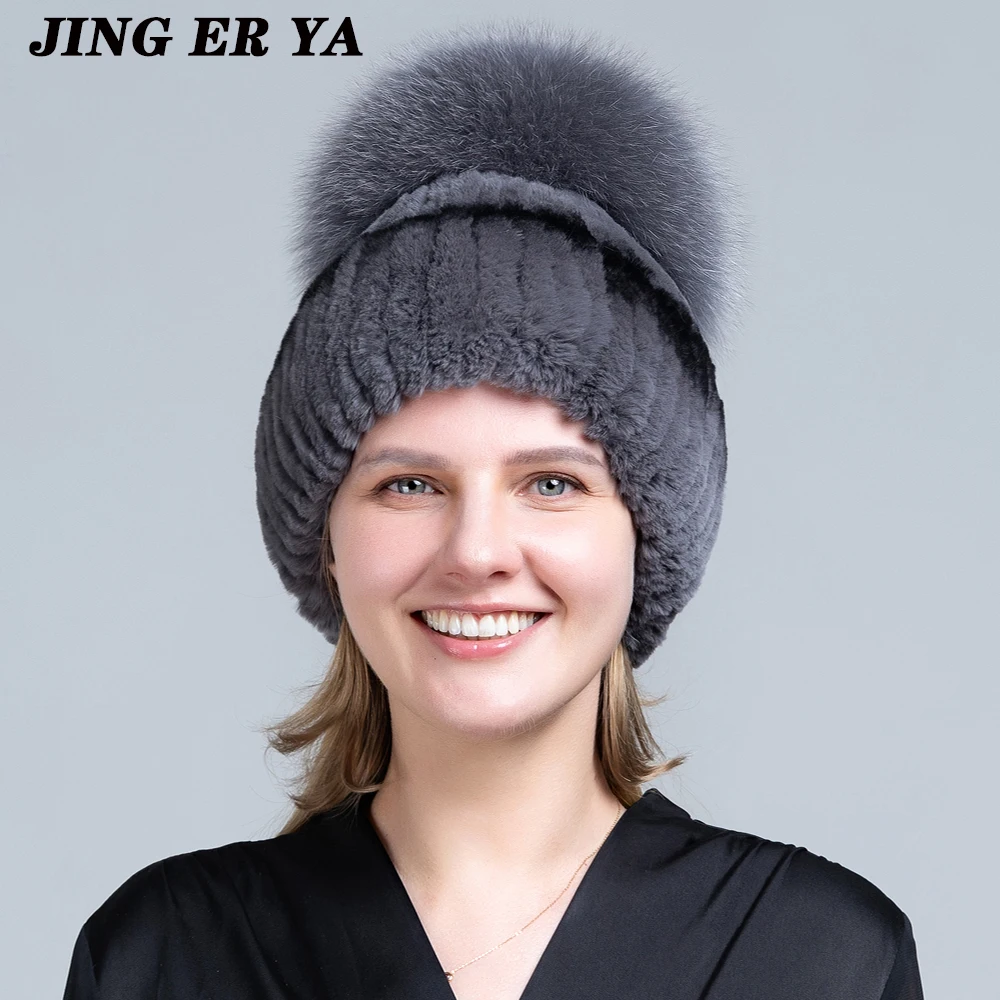 Lady Real Fur Cap Female Hat Good Elastic Natural Fluffy Real Fox Fur Hat New Winter Women Knitted Real Rex Rabbit Fur Hats