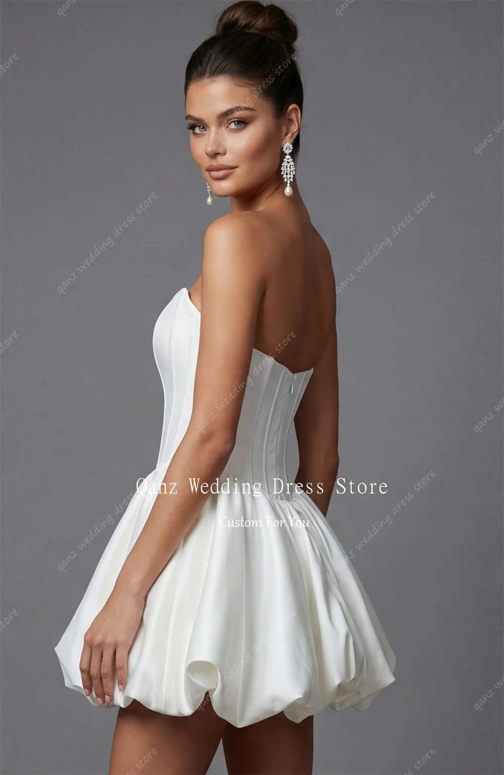 Qanz Mini Satin Wedding Dress Strapless Short A Line Puffy Vestidos De Novia Sexy Women Plus Size Robe De Mariée Customized