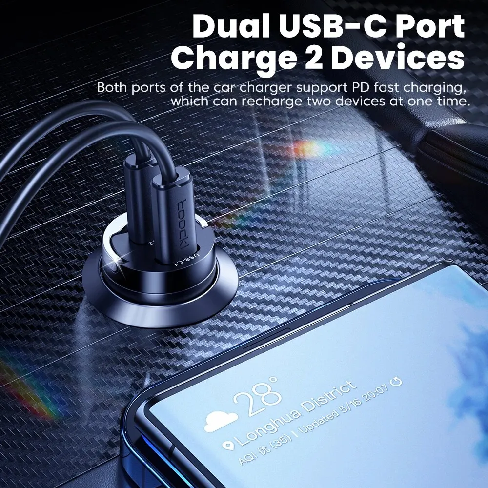 Toocki Mini PD 45W Car Charger Pull Ring Fast Charging USB C Phone Charger Adapter For iPhone 14 13 Pro Xiaomi Samsung Huawei