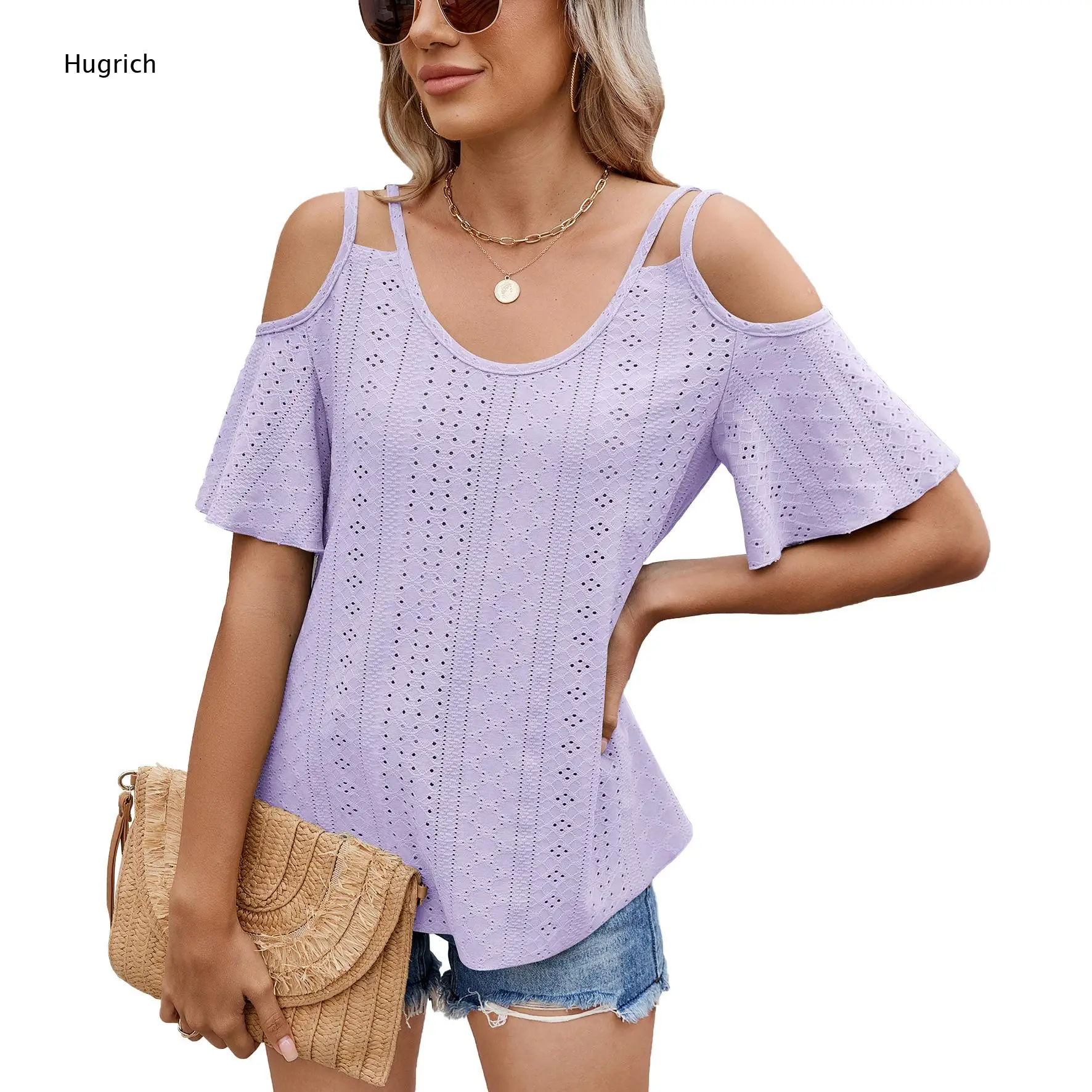 Lavender Eyelet Hollow Cold Shoulder Tee For Women Double Thin Strap U Neck Flare Short Sleeve Loose Lightweight Shirt