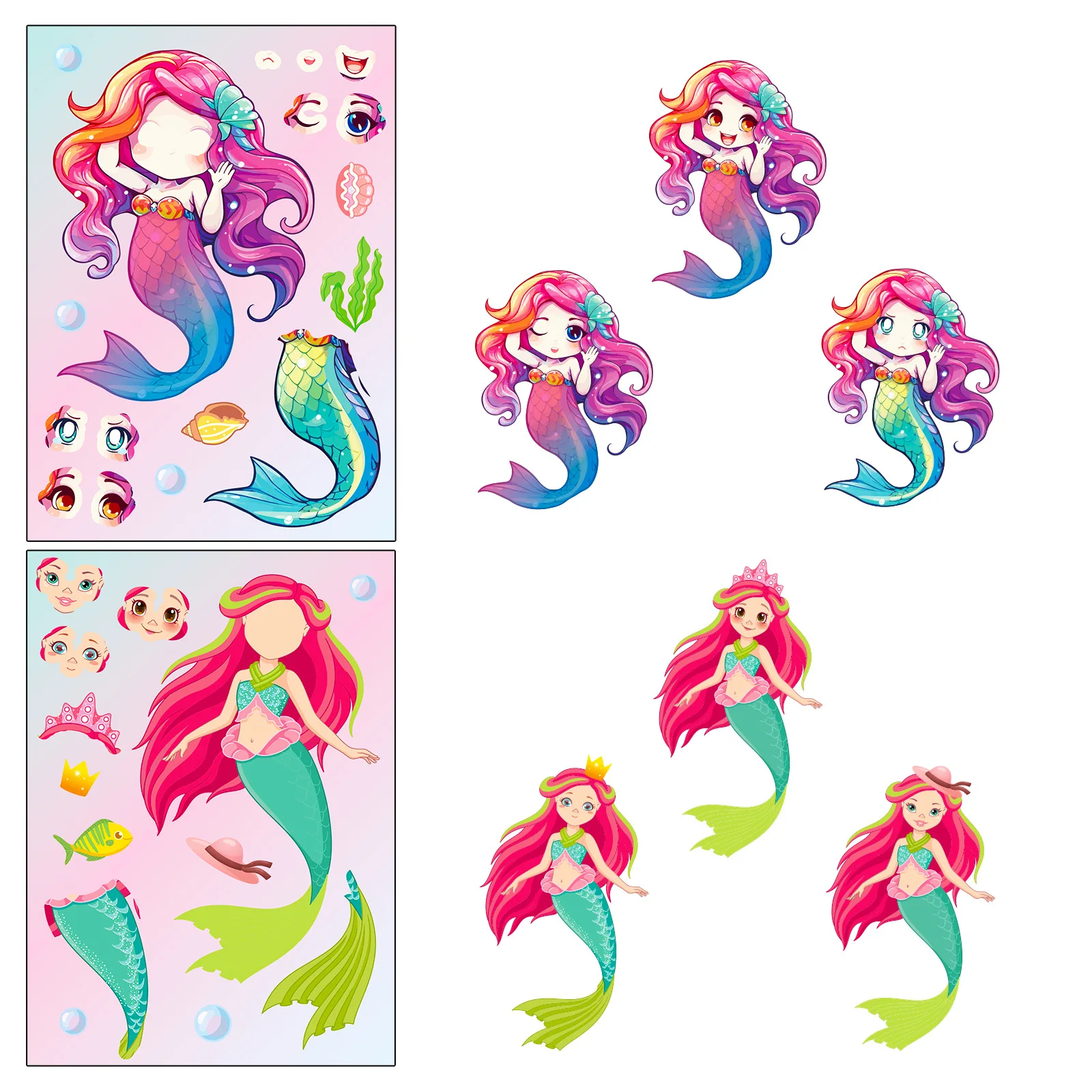 6Sheets Children DIY Puzzle Sticker Games 6 Mermaids Make A Face Funny Assemble Jigsaw Stickers Kids Educational Toys