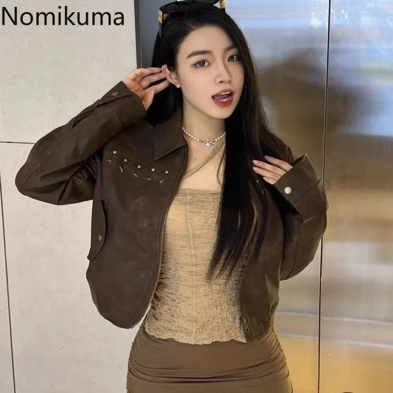 

Rivet Short Motorcycle Leather Jacket Women's Clothing 2025 Vintage Streetwear PU Cropped Tops Casual Fashion Korean Y2k Coats