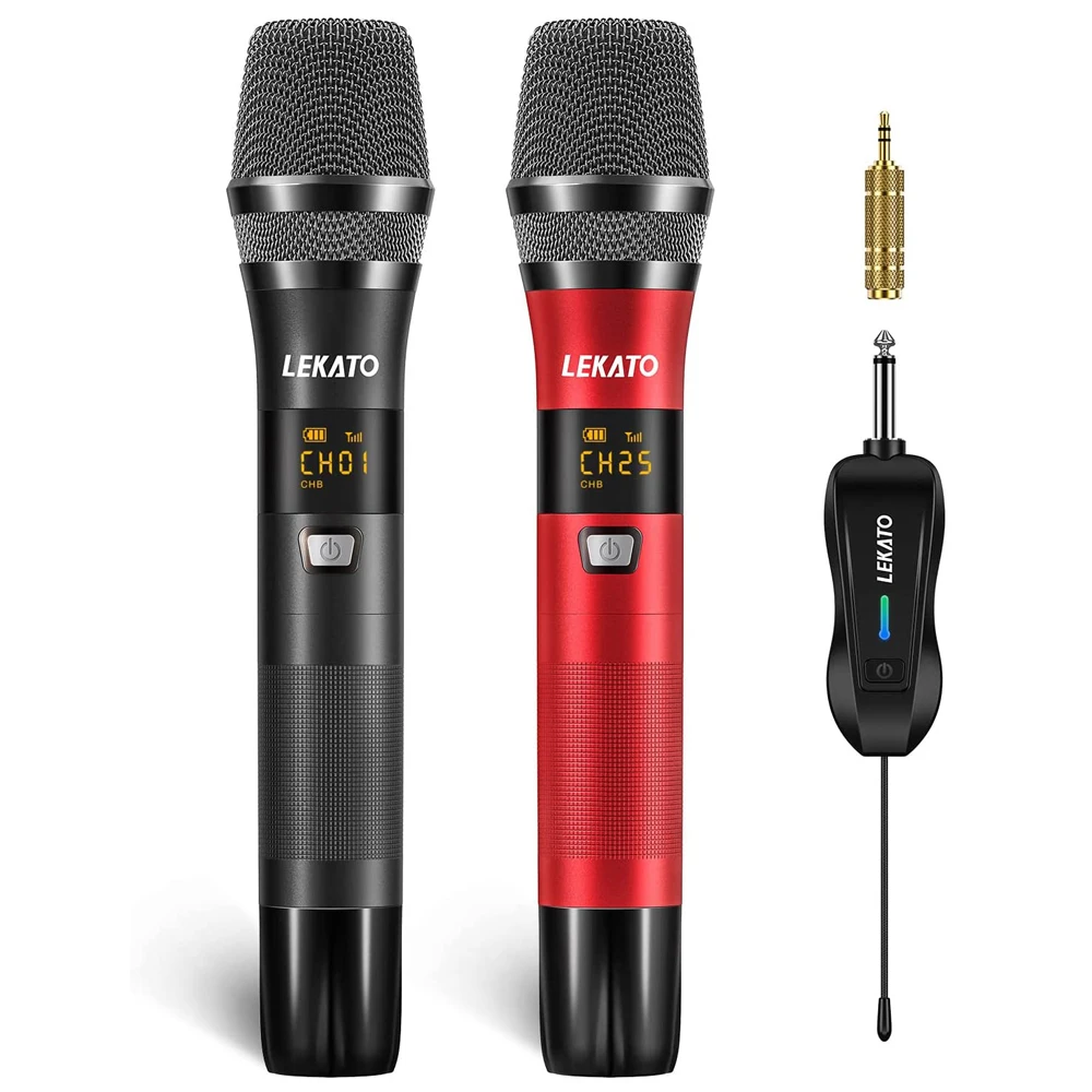 LEKATO Rechargeable Dual Wireless Microphone Cordless Metal Microphone Karaoke Singing Mic with 25 Channels for Karaoke Wedding