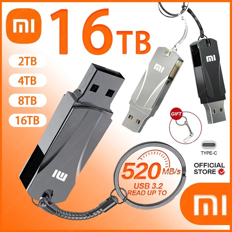 Xiaomi 16TB Flash Drive USB3.2 Super High Speed Transfer Pen Drive Metal Large Capacity Waterproof TypeC Portable U Drive Memory