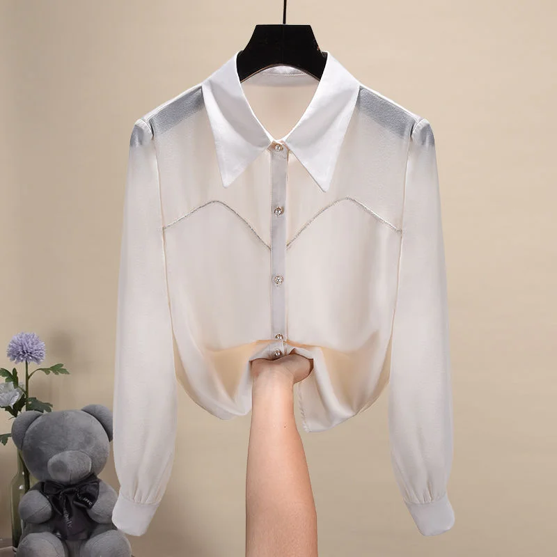 

Blouse female 2023 European shirt popular long-sleeved early autumn splicing chiffon inlaid diamond casual blouse female top