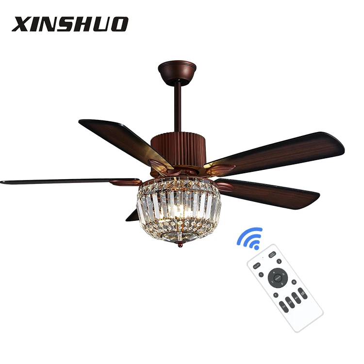 Luxury Crystal Solid Wood 5 Blade Remote Control Retro Ceiling Fan Lights Ceiling Fans For Home Ceiling