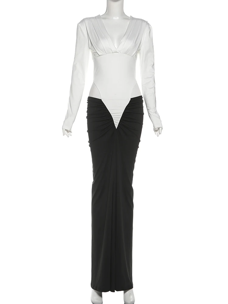 Weird Puss Sexy Waistless Patchwork Dress Women Deep V-Neck Ruched Elegant Peach Hip Simple Classic Stretch Skinny Maxi Bodycon