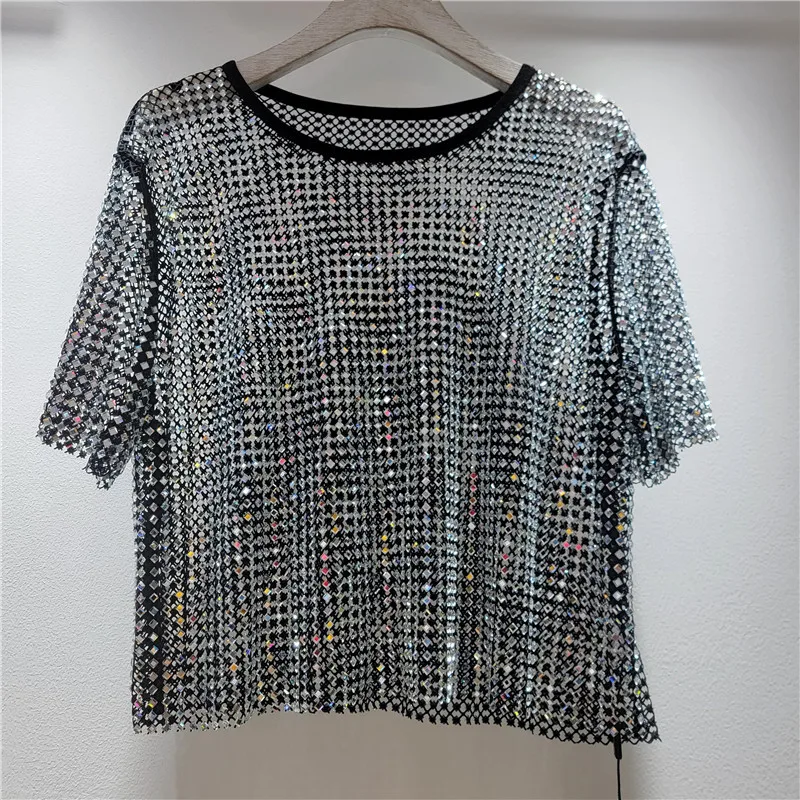 YYAHAHAS New Heavy-Duty Embellished Ice-Cold Starry Round-Neck Short Sleeve Cover-Up T-Shirt with Openwork Sheer Design