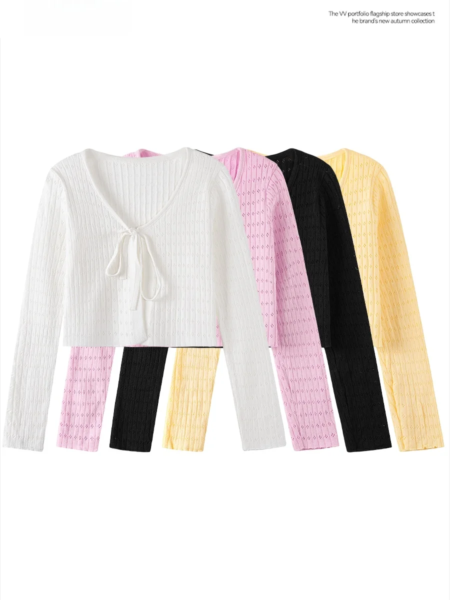 

Spicy Girl Knitted Short Cardigan V-Neck Belted Women's Spring Outerwear Hollow out Top Commute Style Slim Fit Long Sleeve