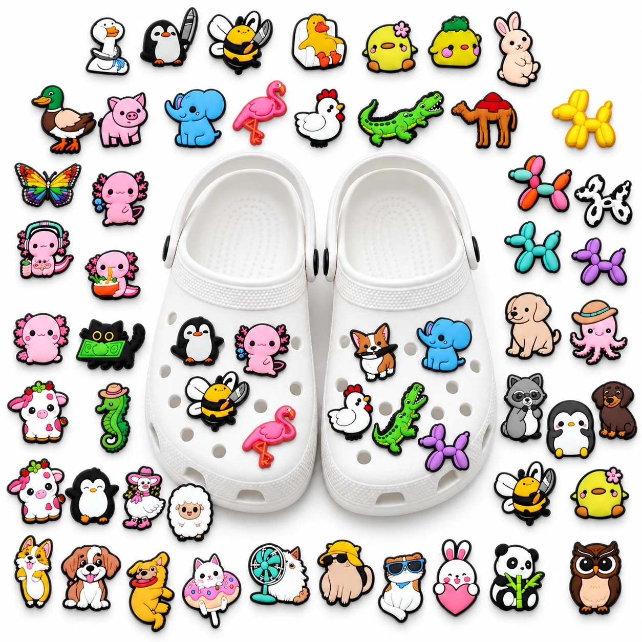 50pcs Cute Animal Shoe Charms Set Kawaii Cat Dog Bee PVC Pins for Clogs Fun Pet Accessories Gift for Girls Kids Teens Women