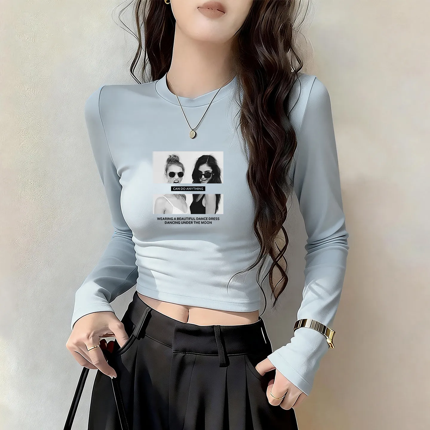 2026 Spring and Autumn Personalized Print Long-sleeved Short Trendy Black Women Riding Motorcycle Personalized Sports T-shirt