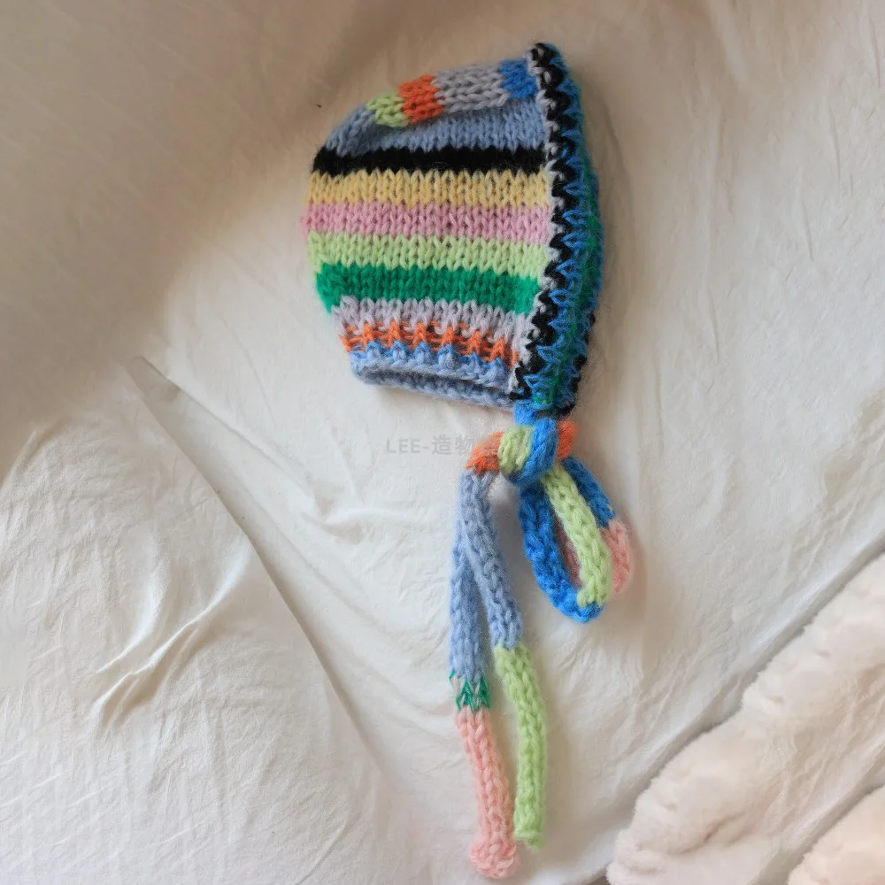 

Fashion Color Striped Balaclava Hat Ear Protector Windproof Hand Crocheted Hat Neck Tie Pullover Bean Cap