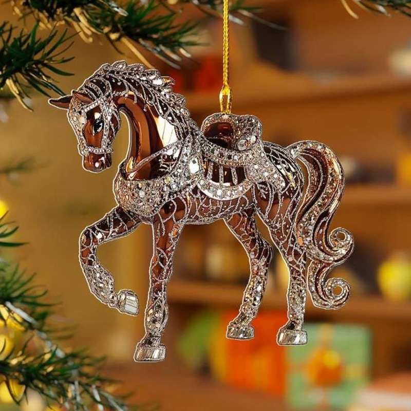 New 1/4pc 2D Acrylic Horse Car Rearview Mirror Pendant Charm Christmas Tree Ornament New Year Hanging Decoration For Home