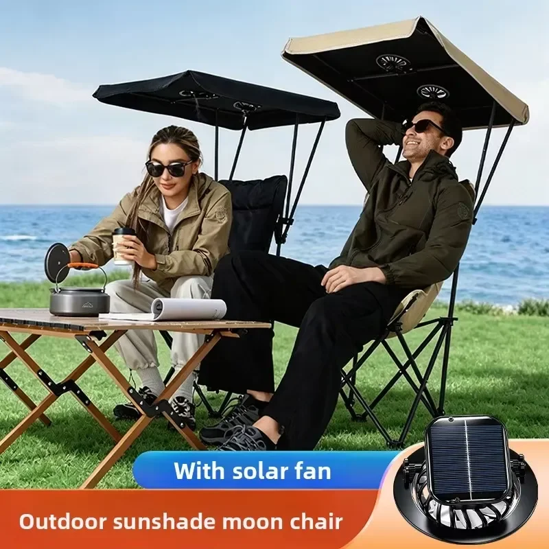 Solar double fan sunshade chair, factory outdoor steel frame Oxford cloth folding chair, portable camping and fishing beach