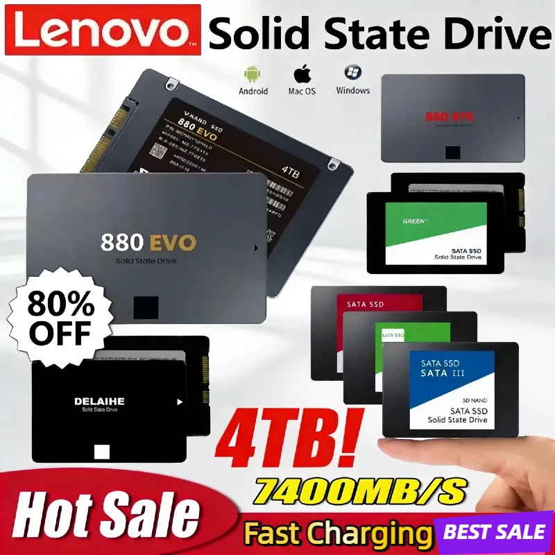 New Lenovo 4TB Portable SSD USB 3.1 Ultra-Fast External Solid State Drive SATA III 2.5 Inch High Speed Storage for Laptop Mac PC