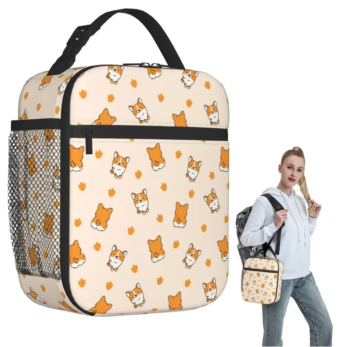 Cute Corgis And Footprint Pattern Insulated Lunch Bag for Women Children Portable Food Boxes Thermal Lunch Box Tote