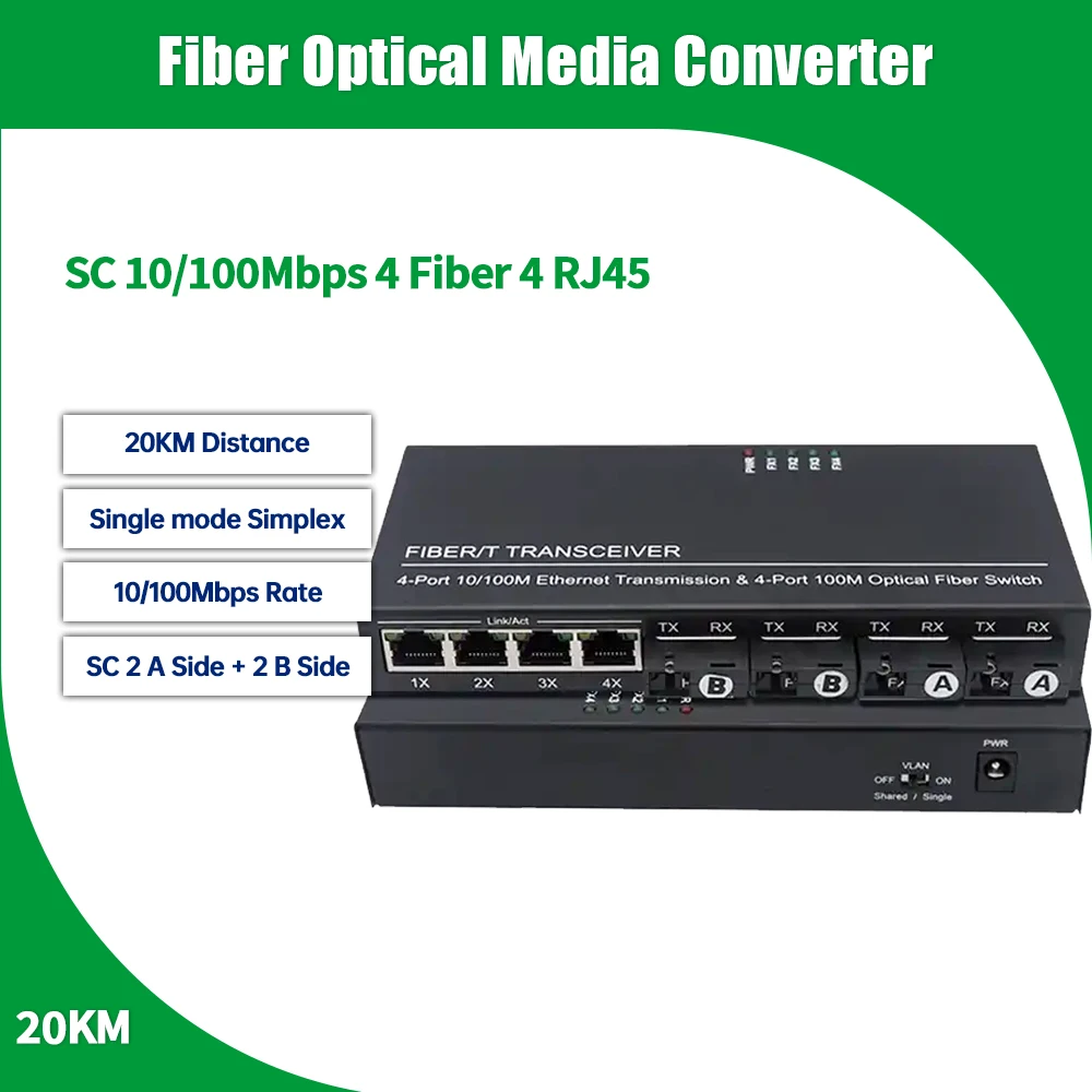 2A 2B 4 fiber port to 4 RJ45 port Fiber Ethernet Switch SC 20KM 10/100MBPS Fast fiber media converter