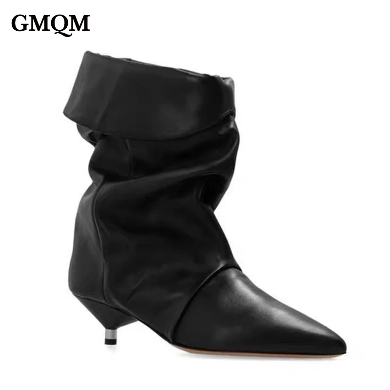 

GMQM новые модные и элегантные замшевые сложенные ботинки на каблуке «котенок» с острым рукавом, ковбойские сапоги с широкими трубками, женские голые сапоги