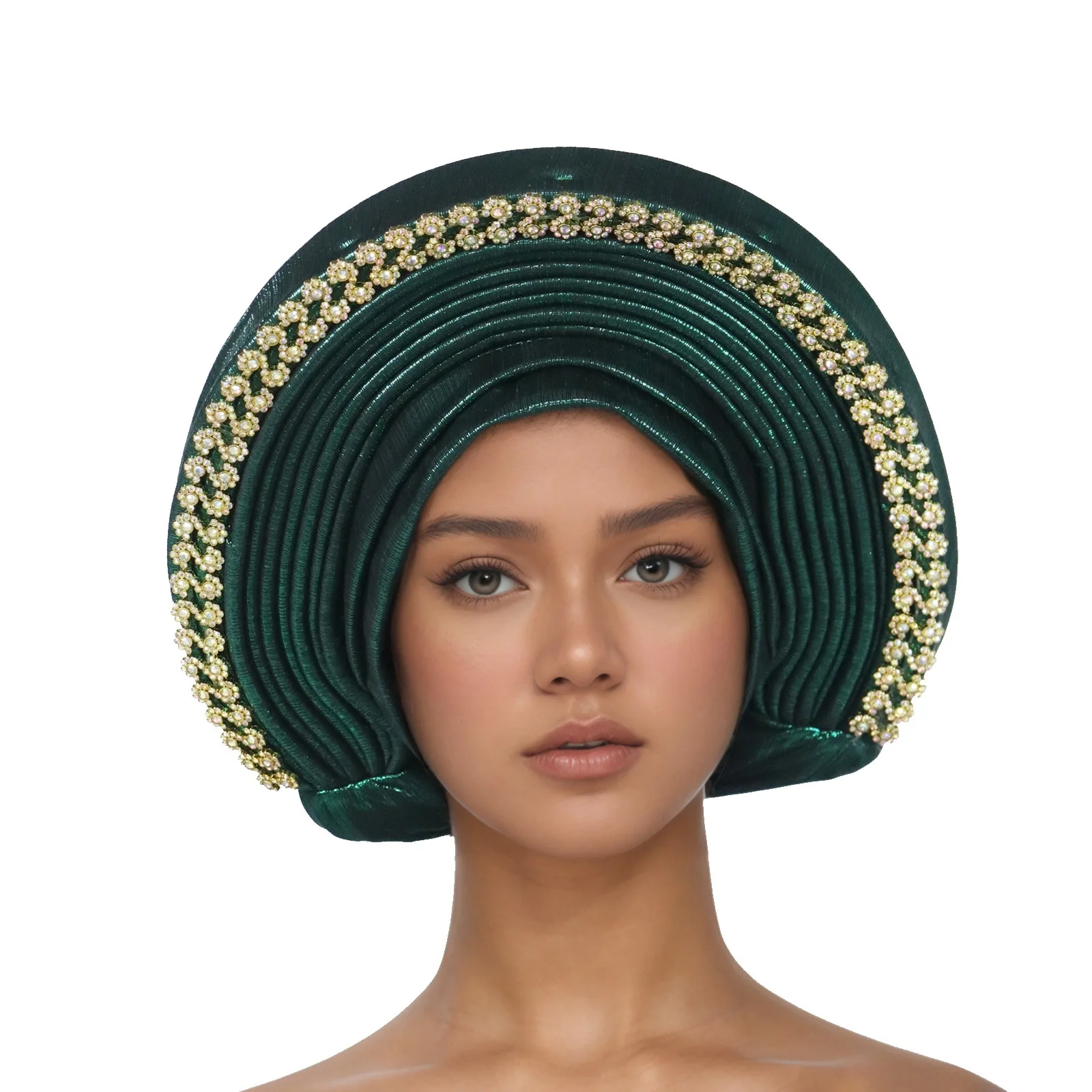 

African Wedding Turban Hat Diamonds Head Wraps Pleated Headwear with Crystal Nigeria Headtie Auto Gele Headgear Bonnet Hijab Cap