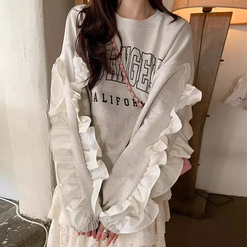Chic Autumn Winter round Ne Letter Print Loose Fit Splice Long Sve Sweatirt Women's Faionable Agel Sle