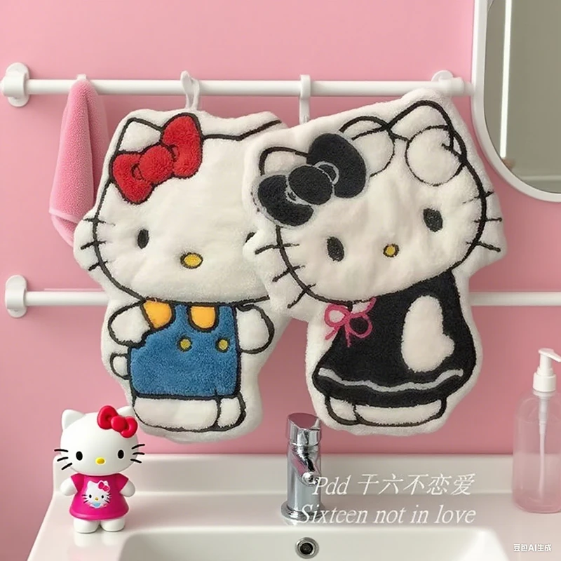 

Hello Kitty Thick Hand Towel Quick Dry Absorbent Non-Shedding Cute Household Dormitory Hanging Towel for Water Efficient Use
