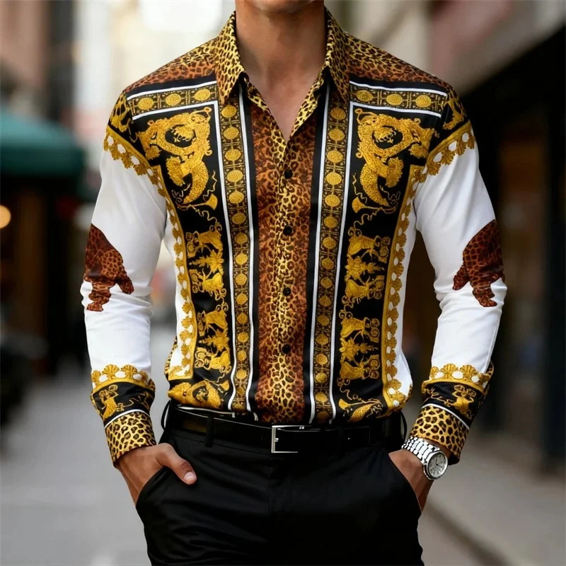 Men's long-sleeved shirt with leopard print and gold totem design, high-definition 3D printed pattern, stylish men's top.