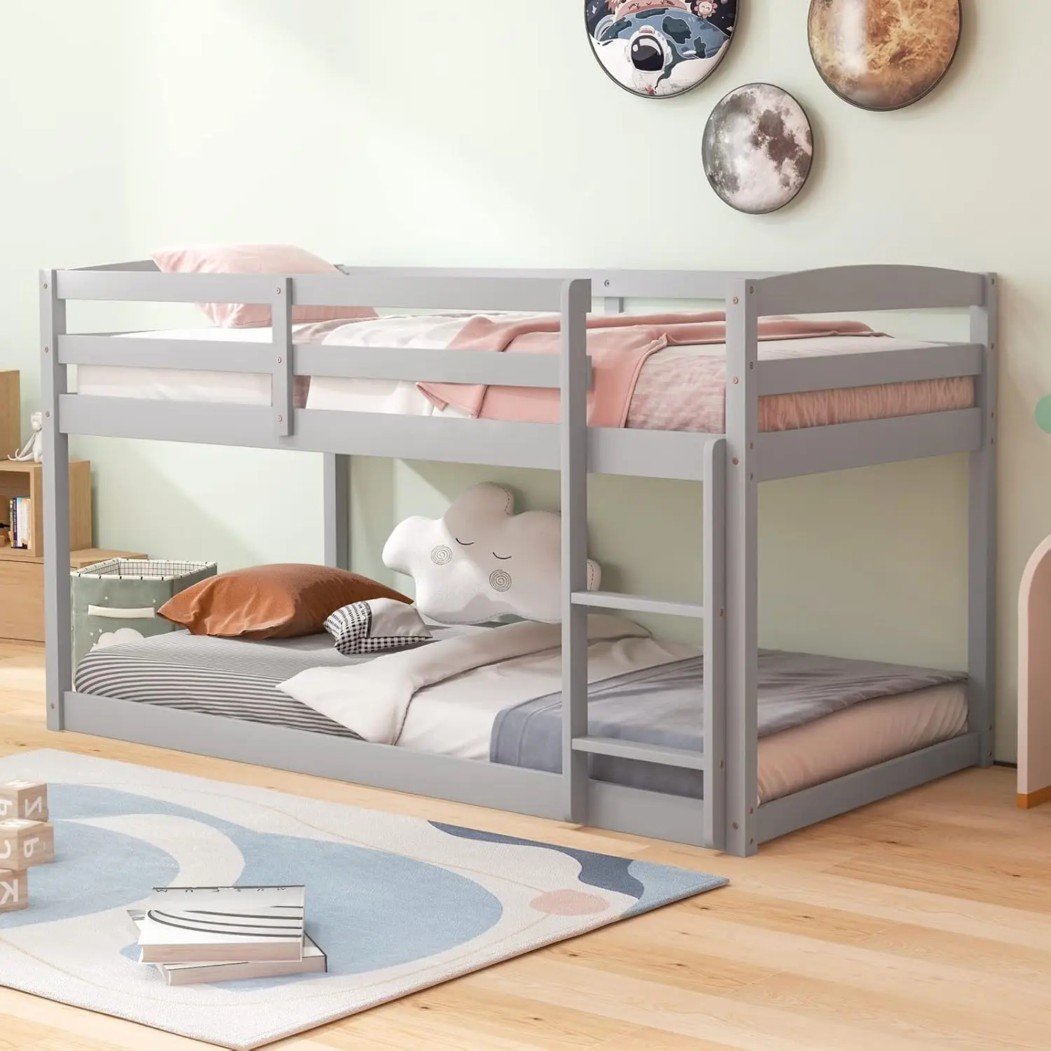 

Giantex Twin Low Bunk Bed, Solid Wood Twin Over Twin Bunk Bed Frame with Full Guardrails & Integrated Ladder, Floor