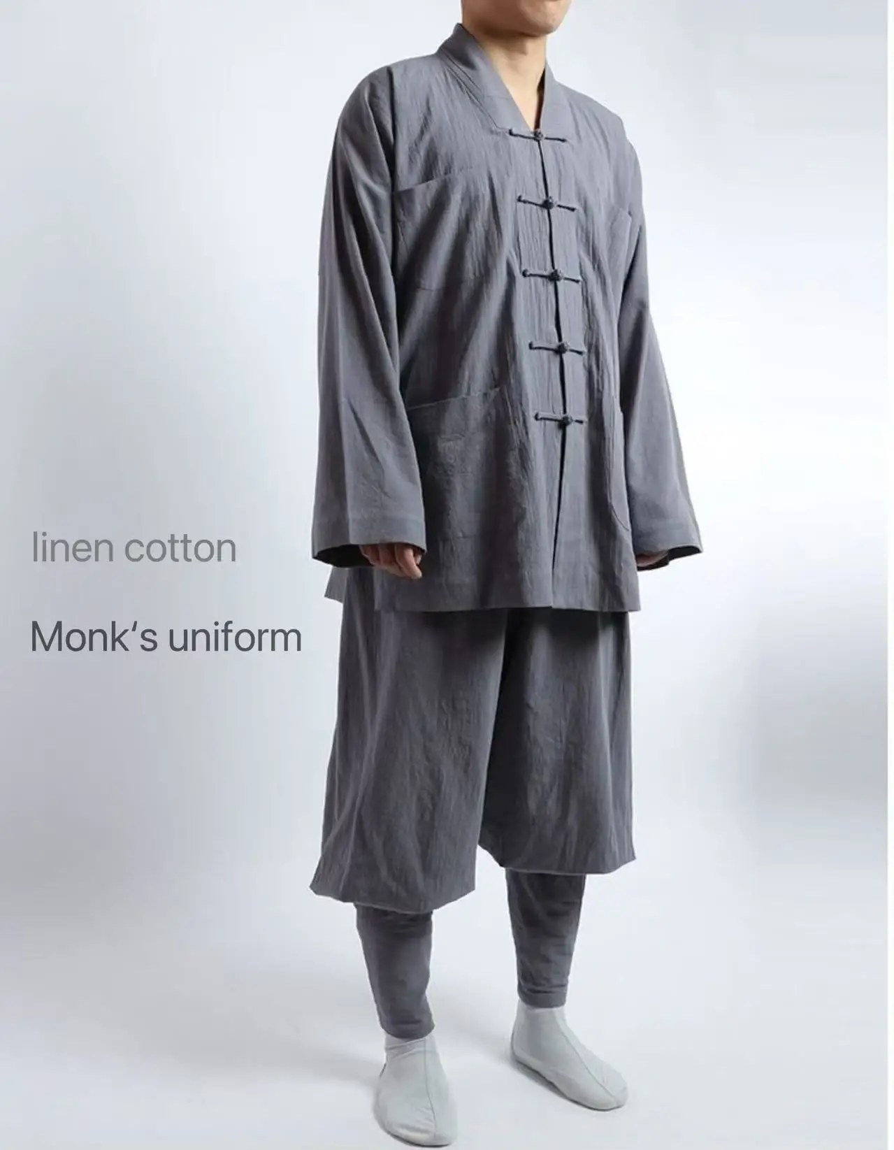 

Natural Cotton Linen Monk's Uniform Autumn Winter Monk Short Coat Outer Robe Traditional Retro Buddhist Mafors Bound Legs Suit