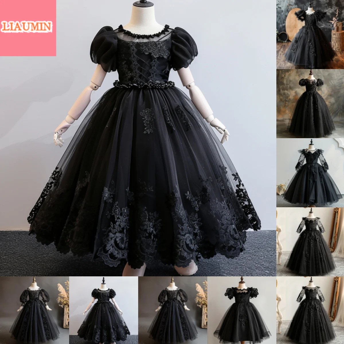 

Black Tulle Lace Applique O Neck Full Length Flower Girl Dresses Brithday Princess First Communion Pageant Skirt Custom W9-20