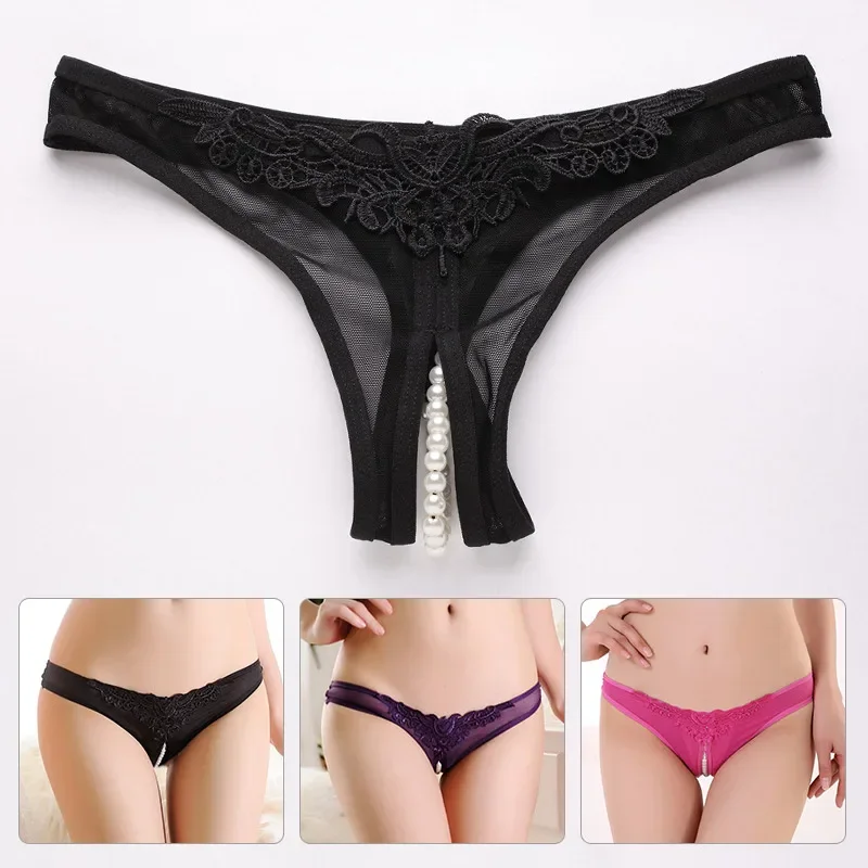 Exotic Open Crotch Panties Thongs Women\'s Lace Briefs Ladies Crotchless Pearl G-String Lingerie Sexy Underwear Massaging Beads