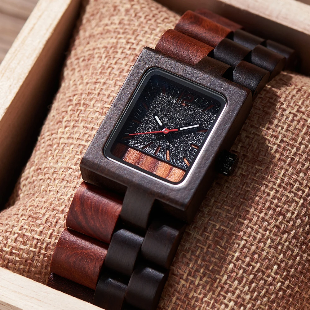 Retro Rectangular Sandalwood Watch Soft Texture Luminous Pointers Simple Quartz Wristwatch for men